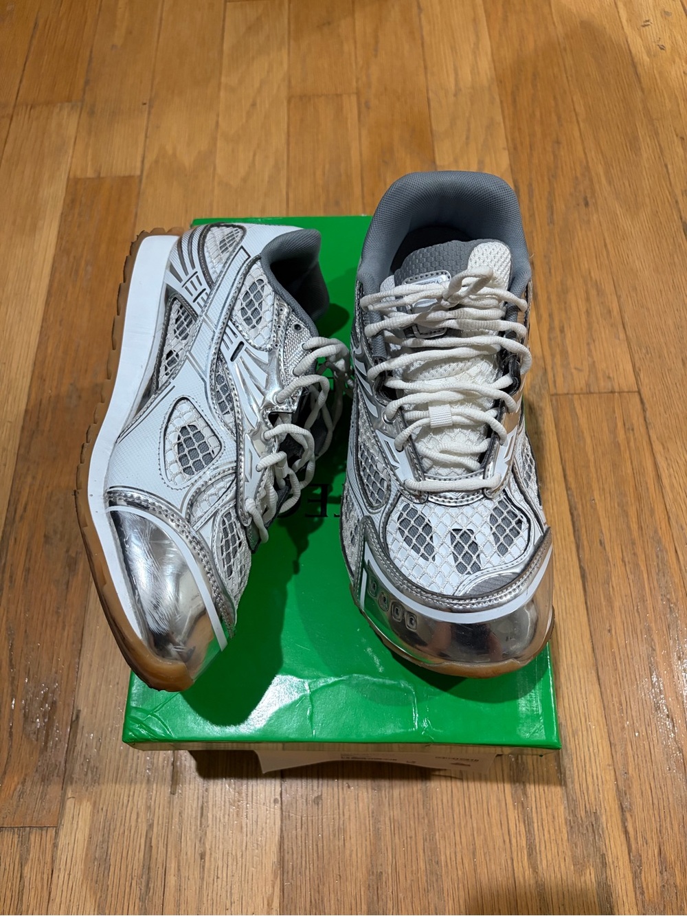 Bottega Veneta White Silver Mesh Lace-Up Sneakers